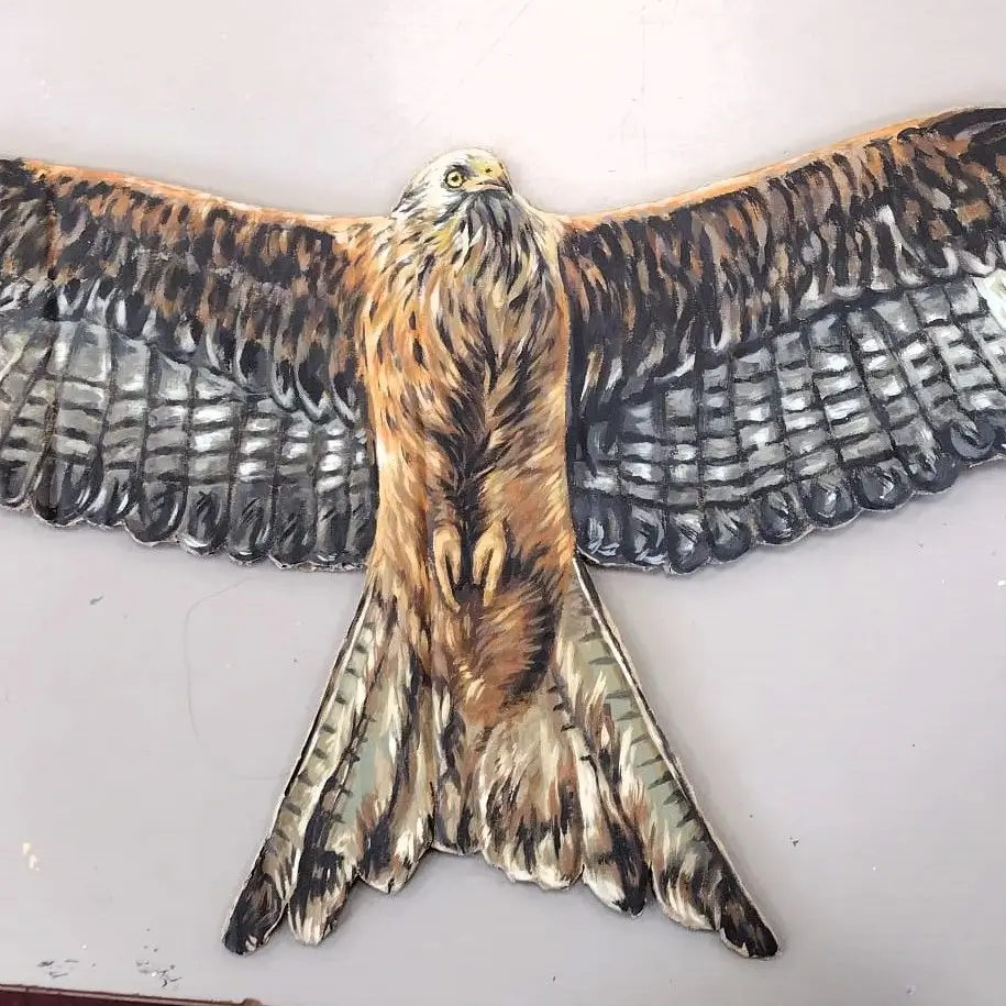 A painting of a red kite with its wings out